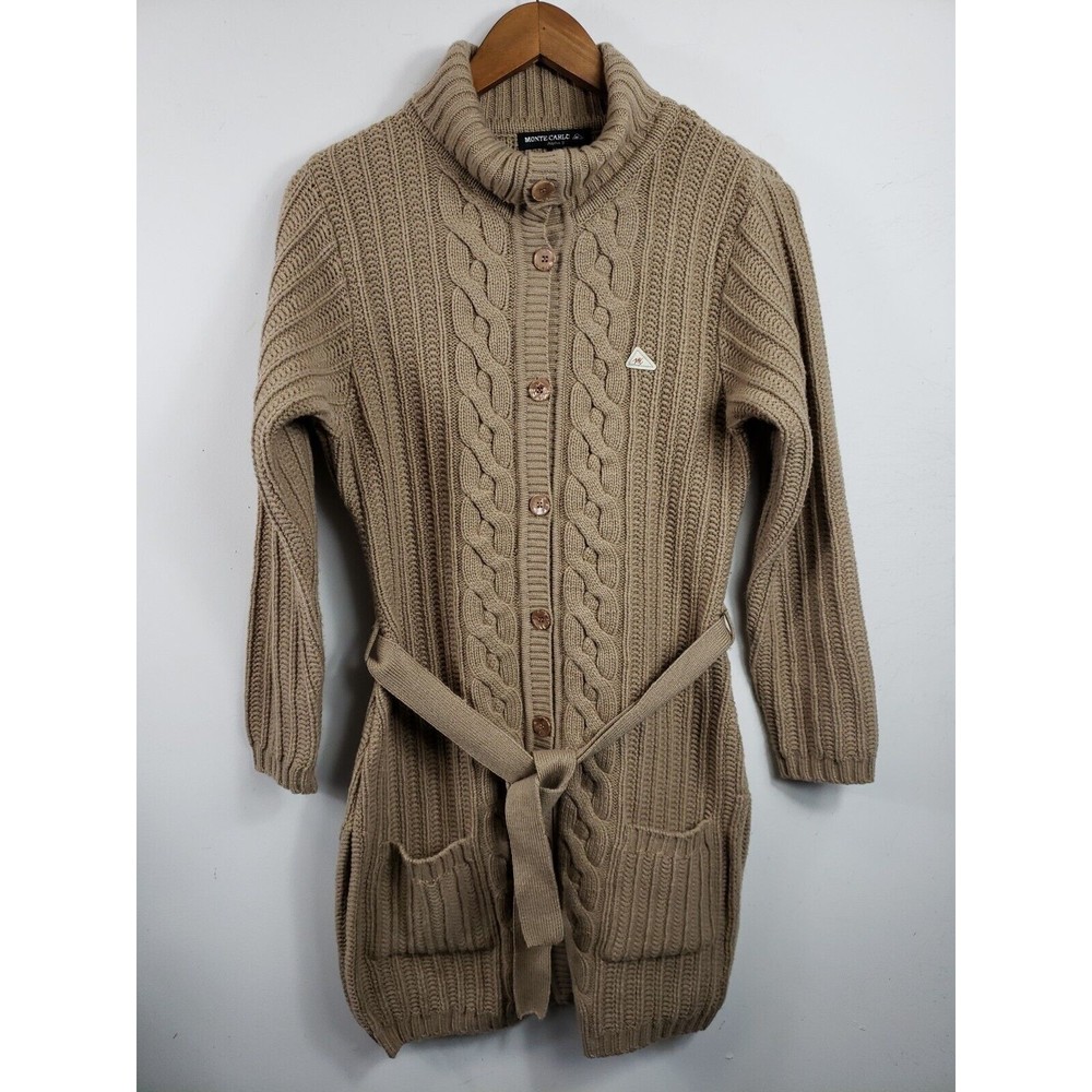 Monte Carlo Wool Blend Beige button turtleneck Knit Button longCardigan Sz 38